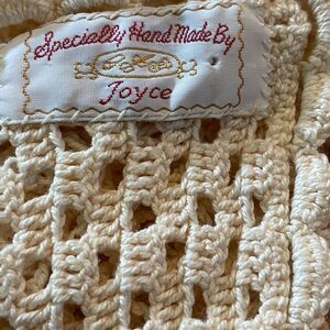 VTG,Specially Handmade By Joyce Cream Crochet Lace Fabric Size 86”X65” Approxi,!